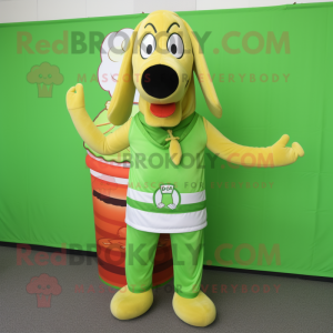 Lime Green Hot Dogs mascot costume character dressed with a Polo Shirt and Watches