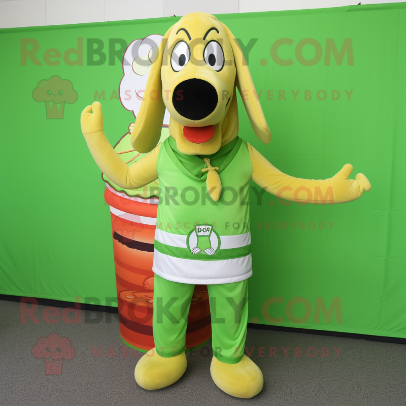 Lime Green Hot Dogs mascot costume character dressed with a Polo Shirt and Watches Lime Green Hot Dogs mascot costume character dressed with a Polo Shirt and Watches