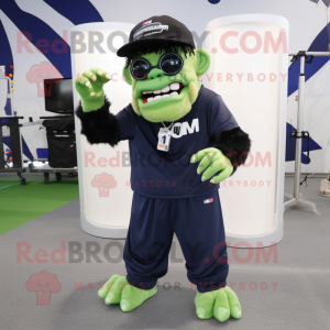 Navy Frankenstein'S Monster mascot costume character dressed with a Joggers and Eyeglasses