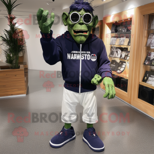 Navy Frankenstein'S Monster mascot costume character dressed with a Joggers and Eyeglasses