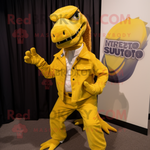 Yellow Utahraptor mascot costume character dressed with a Corduroy Pants and Pocket squares