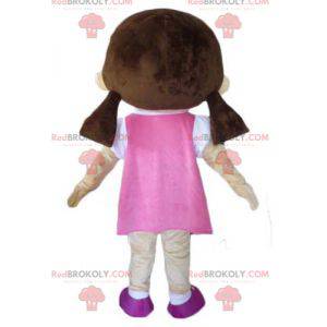 Mascotte van het coquette-meisje, gekleed in een roze jurk -