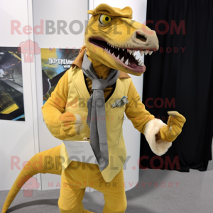 Yellow Utahraptor mascot costume character dressed with a Corduroy Pants and Pocket squares