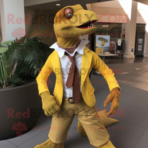 Yellow Utahraptor mascot costume character dressed with a Corduroy Pants and Pocket squares