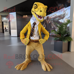 Yellow Utahraptor mascot costume character dressed with a Corduroy Pants and Pocket squares