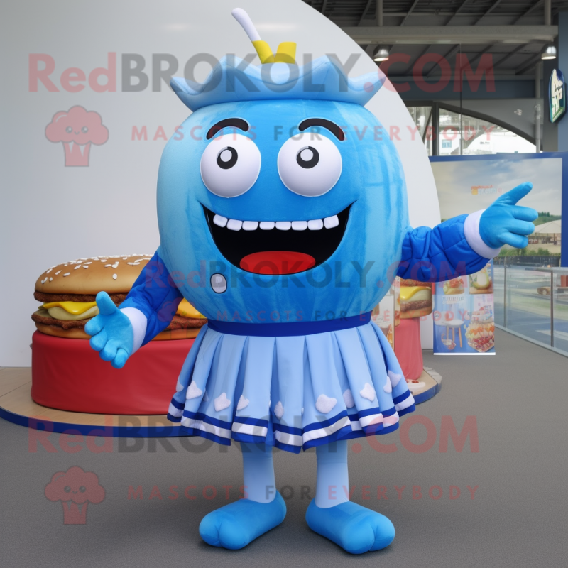Blue Hamburger mascot costume character dressed with a Blouse and Anklets Blue Hamburger mascot costume character dressed with a Blouse and Anklets