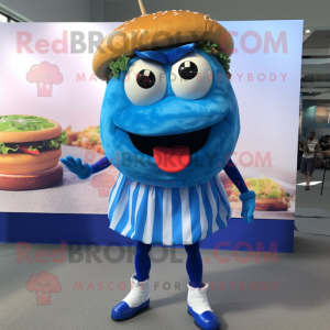 Blue Hamburger mascot costume character dressed with a Blouse and Anklets
