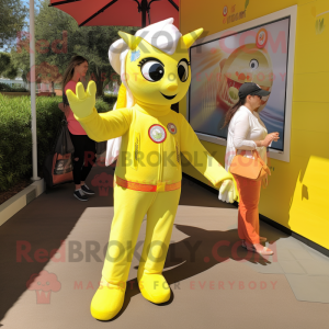 Lemon Yellow Mare mascot costume character dressed with a Jumpsuit and Ties