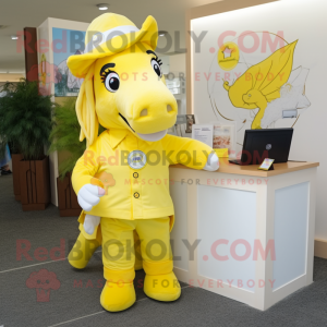 Lemon Yellow Mare mascot costume character dressed with a Jumpsuit and Ties