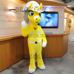 Lemon Yellow Mare mascot costume character dressed with a Jumpsuit and Ties