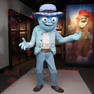 Sky Blue Undead mascot costume character dressed with a Henley Shirt and Hats