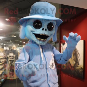 Sky Blue Undead mascot costume character dressed with a Henley Shirt and Hats