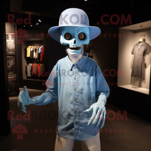 Sky Blue Undead mascot costume character dressed with a Henley Shirt and Hats