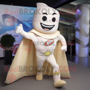 Cream Superhero mascot costume character dressed with a Skirt and Pocket squares