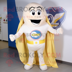 Cream Superhero mascot costume character dressed with a Skirt and Pocket squares