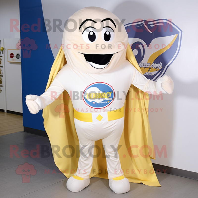 Cream Superhero mascot costume character dressed with a Skirt and Pocket squares