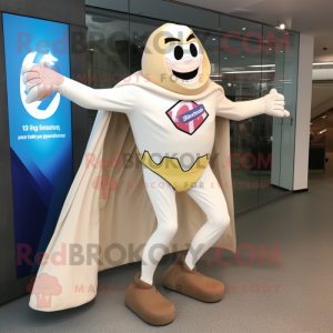 Cream Superhero mascot costume character dressed with a Skirt and Pocket squares