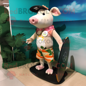Peach Tapir mascot costume character dressed with a Board Shorts and Watches