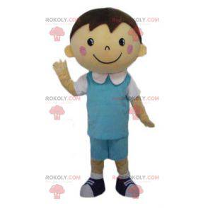 Well dressed schoolboy mascot with a blue and white outfit -