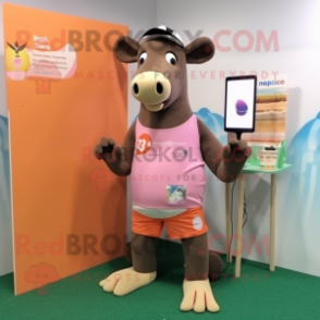 Peach Tapir mascot costume character dressed with a Board Shorts and Watches