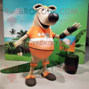 Peach Tapir mascot costume character dressed with a Board Shorts and Watches