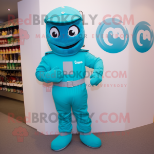 Cyan Para Commando mascot costume character dressed with a Jumpsuit and Pocket squares