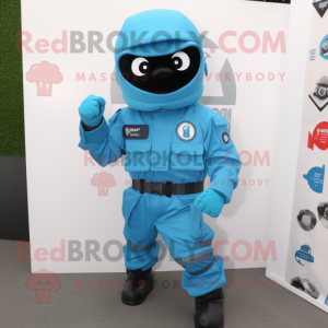 Cyan Para Commando mascot costume character dressed with a Jumpsuit and Pocket squares