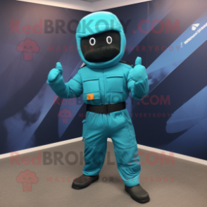 Cyan Para Commando mascot costume character dressed with a Jumpsuit and Pocket squares