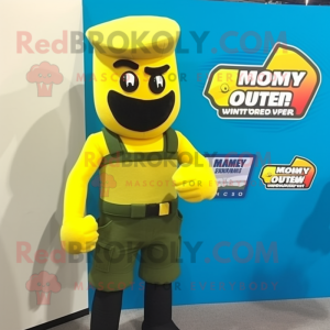 Yellow Commando mascot costume character dressed with a Tank Top and Lapel pins