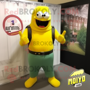 Yellow Commando mascot costume character dressed with a Tank Top and Lapel pins