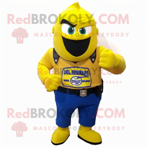 Yellow Commando mascot costume character dressed with a Tank Top and Lapel pins