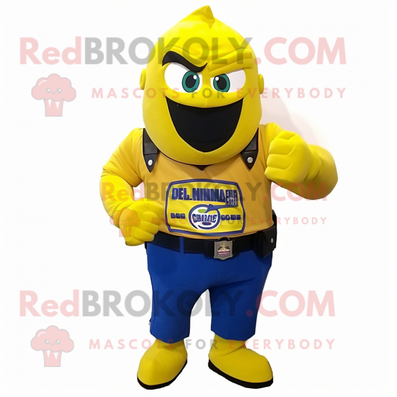 Yellow Commando mascot costume character dressed with a Tank Top and Lapel pins