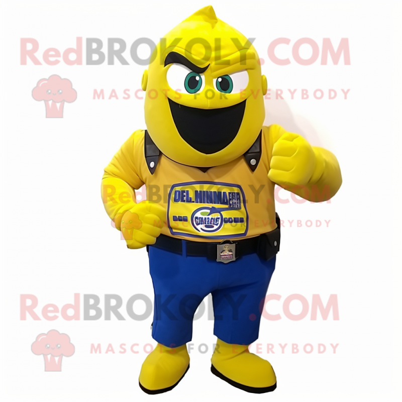 Yellow Commando mascot costume character dressed with a Tank Top and Lapel pins Yellow Commando mascot costume character dressed with a Tank Top and Lapel pins