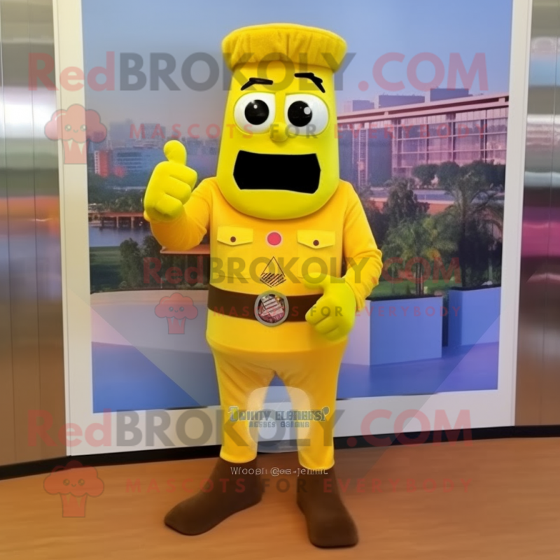 Yellow Commando mascot costume character dressed with a Tank Top and Lapel pins