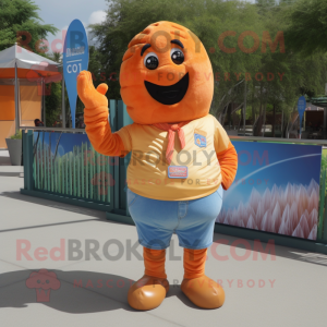 Orange Croissant mascot costume character dressed with a Chambray Shirt and Lapel pins