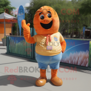 Orange Croissant mascot costume character dressed with a Chambray Shirt and Lapel pins