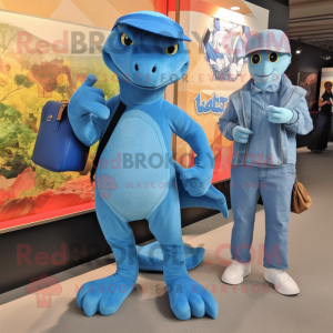 Sky Blue Komodo Dragon mascot costume character dressed with a Boyfriend Jeans and Handbags