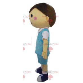 Mascote de colegial bem vestido com uma roupa azul e branca -