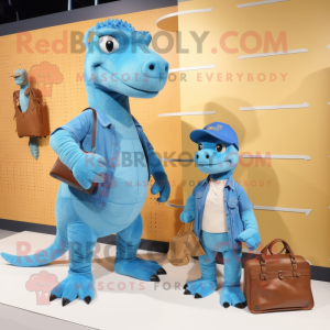 Sky Blue Komodo Dragon mascot costume character dressed with a Boyfriend Jeans and Handbags