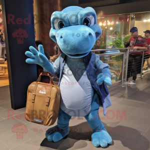 Sky Blue Komodo Dragon mascot costume character dressed with a Boyfriend Jeans and Handbags