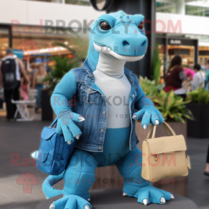 Sky Blue Komodo Dragon mascot costume character dressed with a Boyfriend Jeans and Handbags