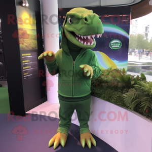 Green Allosaurus mascot costume character dressed with a Hoodie and Rings