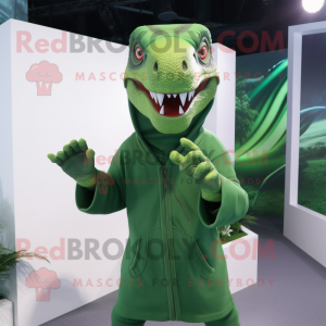 Green Allosaurus mascot costume character dressed with a Hoodie and Rings