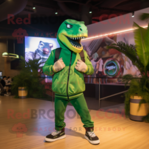 Green Allosaurus mascot costume character dressed with a Hoodie and Rings