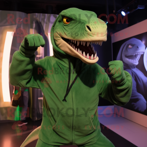 Green Allosaurus mascot costume character dressed with a Hoodie and Rings