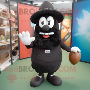 Black Rugby Ball mascot costume character dressed with a Romper and Hat pins