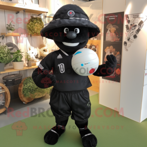 Black Rugby Ball mascot costume character dressed with a Romper and Hat pins