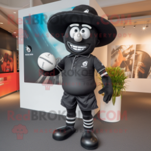 Black Rugby Ball mascot costume character dressed with a Romper and Hat pins