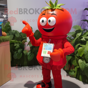 Red Tomato mascot costume character dressed with a Jumpsuit and Digital watches