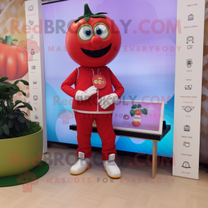 Red Tomato mascot costume character dressed with a Jumpsuit and Digital watches